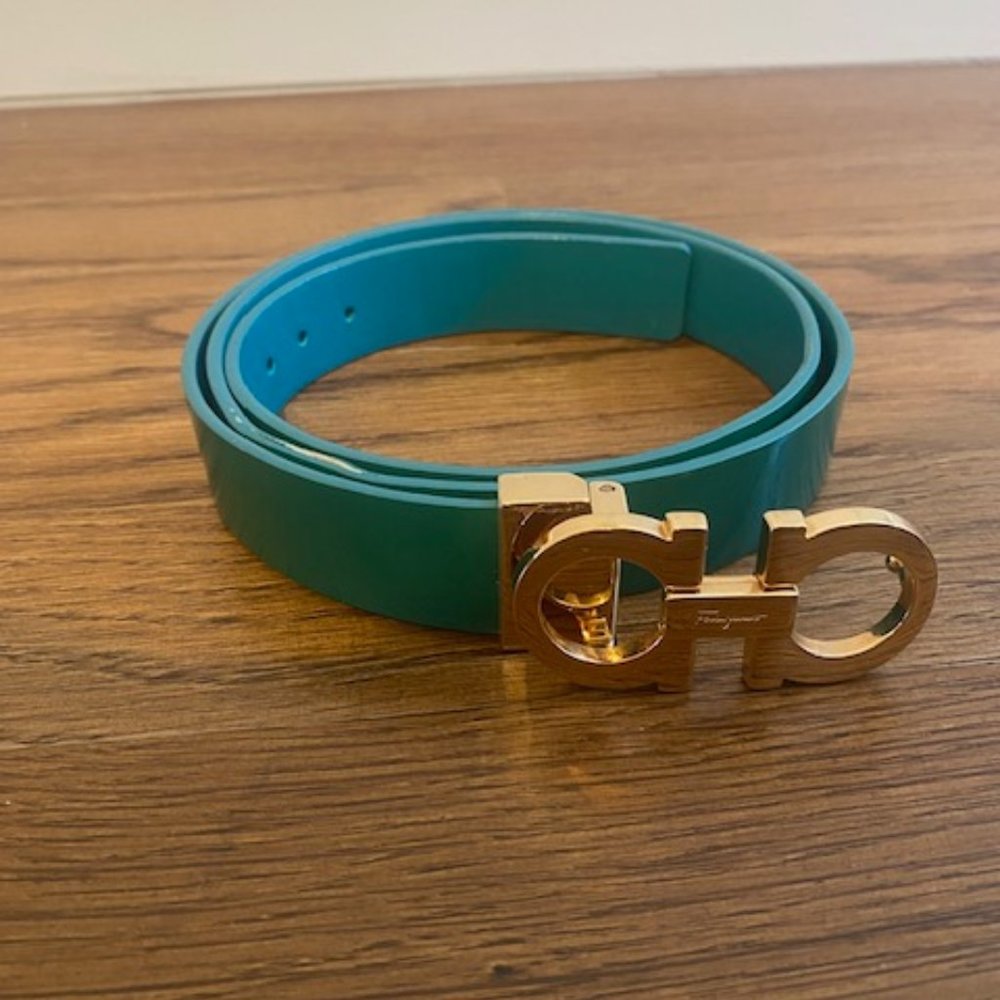 Ferragamo Belt Green with Gold hardware 37 inches